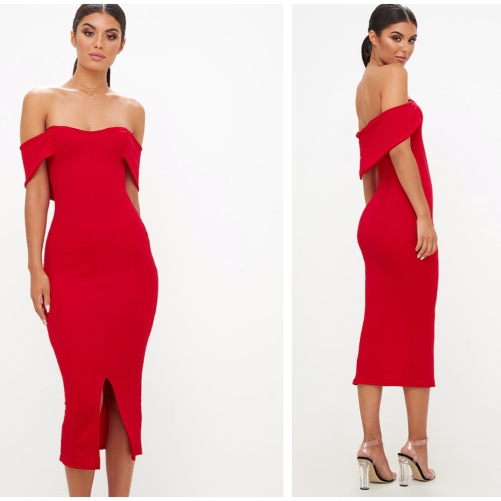 PrettyLittleThing Red Longline Bardot Midi